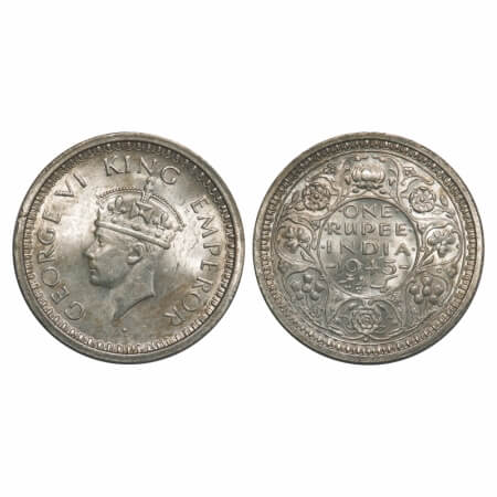 George VI, Half Silver, Rupee, 1945, Bombay Mint, B/II, Dot, Security edge, Normal 5, Ghos