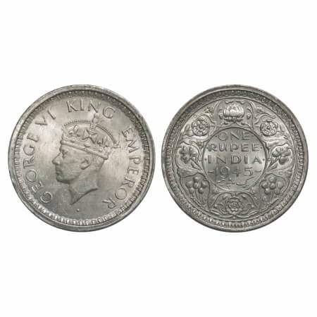 George VI, Half Silver, Rupee, 1945, Bombay Mint, D/II, Dot, Security edge, Normal 5. F. P