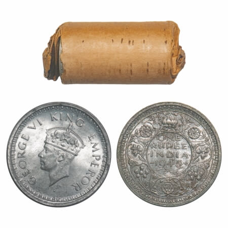 George VI, Half Silver, Rupee, (Roll of 20 coins), 1945, Bombay Mint, D/II, Dot, Security 