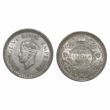 George VI, Half Silver, Rupee, 1945, Lahore Mint, D/II, 'L' raised, Security edge, Normal 