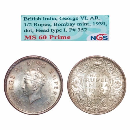George VI, Silver, Half Rupee, 1939, Bombay Mint, A/I, Head Type I, Dot, Milled edge. F. P