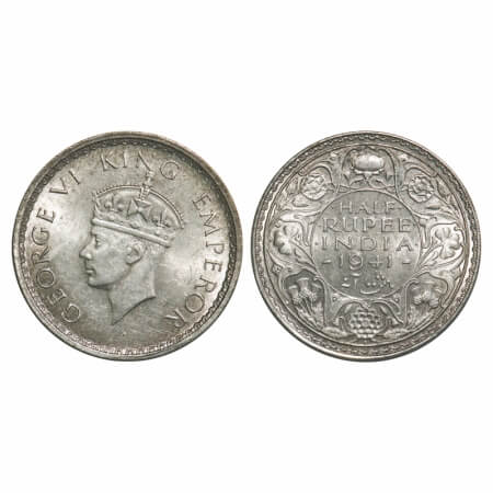 George VI, Half Silver, Half Rupee, 1941, Bombay Mint, A(a)/I(i), Dot, Head Type II, Secur