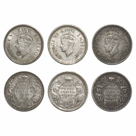 George VI, Half Silver, Half Rupee (3 coins), 1) 1941, Bombay Mint, A(a)/I(i), Dot, Securi