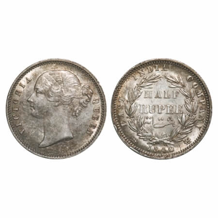 Victoria Queen, Silver, Half Rupee, 1840, DL, Calcutta Mint, .W.W incused, Wreath with 24 
