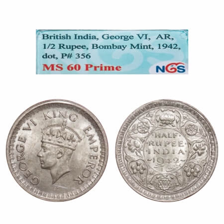 George VI, Half Silver, Half Rupee, 1942, Bombay Mint, A(a)/II, Head Type II, Dot, Securit