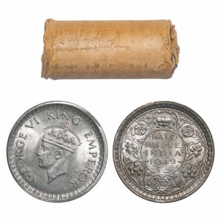 George VI, Half Silver, Half Rupee, (Roll of 24 coins), 1942, Bombay Mint, B/II, Dot, Head