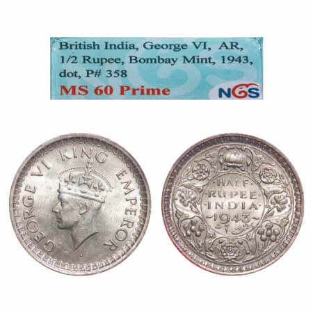 George VI, Half Silver, Half Rupee, 1943, Bombay Mint, B/II, Head Type II, Dot, Security e