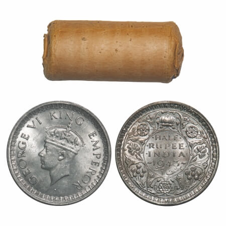 George VI, Half Silver, Half Rupee, (Roll of 24 coins), 1943, Bombay Mint, B/II, Dot, Head