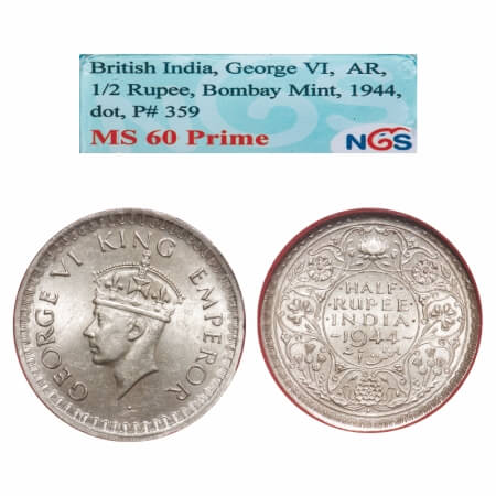 George VI, Half Silver, Half Rupee, 1944, Bombay Mint, B/III, Head Type II, Dot, Security 