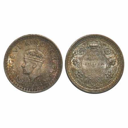 George VI, Half Silver, Half Rupee, 1944, Lahore Mint, B/II, Head Type II, 'L' raised, Sec