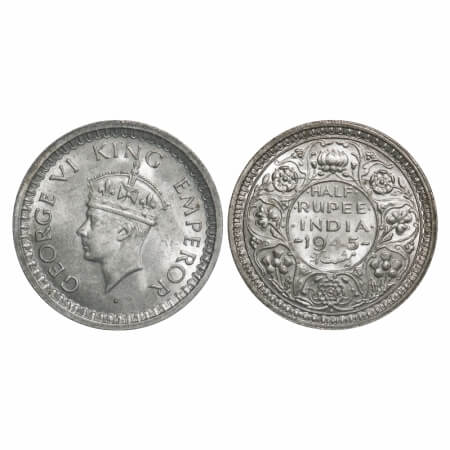 George VI, Half Silver, Half Rupee, 1945, Bombay Mint, B/II, Dot, Head Type II, Security e