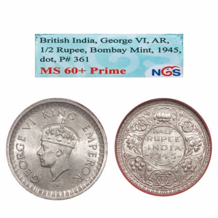 George VI, Half Silver, Half Rupee, 1945, Bombay Mint, B/II, Head Type II, Dot, Security e