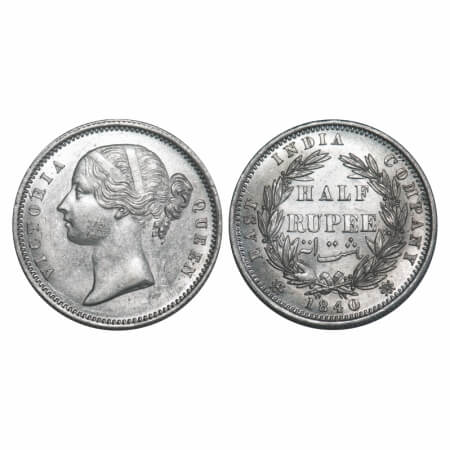Victoria Queen, Silver, Half Rupee, 1840, DL, Calcutta Mint, .W.W incused, Wreath with 24 