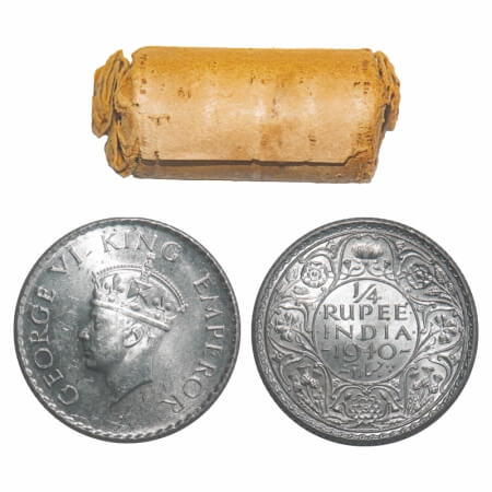 George VI, Half Silver, 1/4 Rupee, (Roll of 24 coins), 1940, Calcutta Mint, No dot, Head T