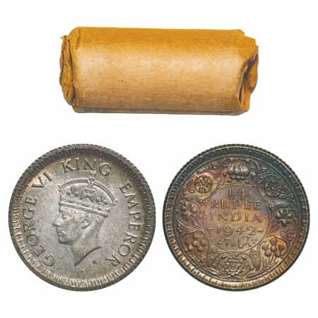George VI, Half Silver, 1/4 Rupee, (Roll of 24 coins), 1942, Calcutta Mint, No dot, Head T