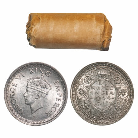 George VI, Half Silver, 1/4 Rupee, (Roll of 24 coins), 1944, Bombay Mint, Dot, Head Type I