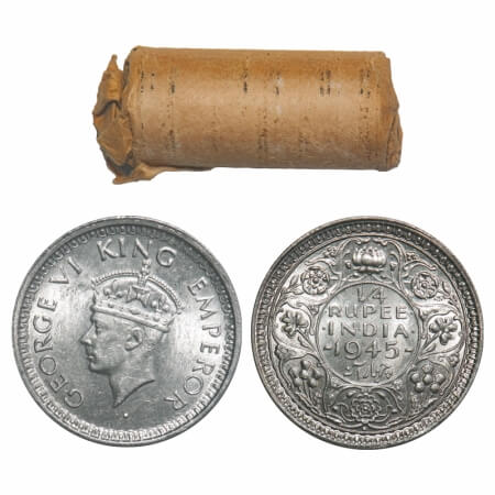 George VI, Half Silver, 1/4 Rupee, (Roll of 24 coins), 1945, Bombay Mint, Dot, Head Type I