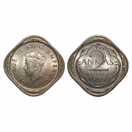 George VI, Copper-Nickel, 2 Annas, 1939, Bombay Mint, Head Type I, Dots by year. F. Prid 9