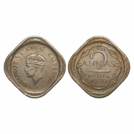 George VI, Copper-Nickel, 2 Annas, 1939, Bombay Mint, Head Type II, Dots by year. F. Prid 