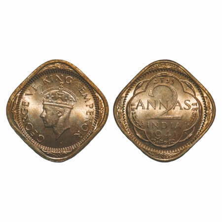 George VI, Copper-Nickel, 2 Annas, 1941, Calcutta Mint, No dots by year, Head Type II. F.