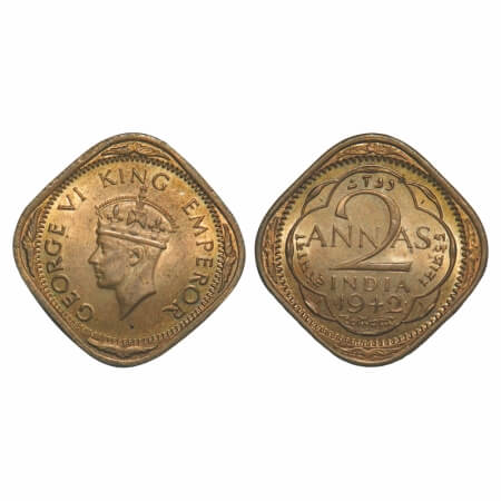 George VI, Nickel-Brass, 2 Annas, 1942, Bombay Mint, Dots by year, Head Type II, Large num