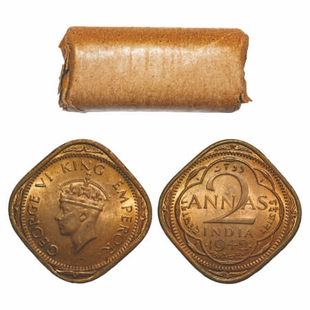 George VI, Nickel-Brass, 2 Anna, (Roll of 20 coins), 1942, Bombay Mint, Dots by year, Head