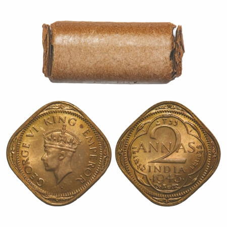 George VI, Nickel-Brass, 2 Anna, (Roll of 20 coins), 1943, Bombay Mint, Dots by year, Head