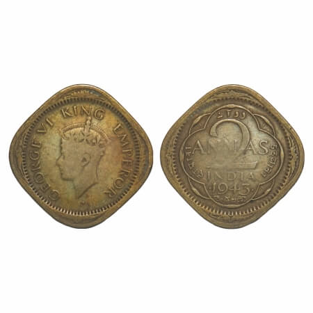 George VI, Nickel-Brass, 2 Annas, 1943, Bombay Mint, Dots by year, Head Type II, Bottom cu