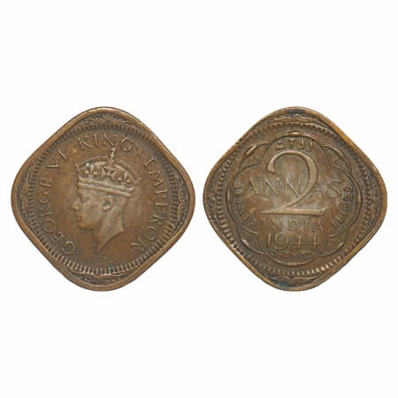 George VI, Nickel-Brass, 2 Annas, 1944, Lahore Mint, No dots by year, Head Type II, 'L' ra