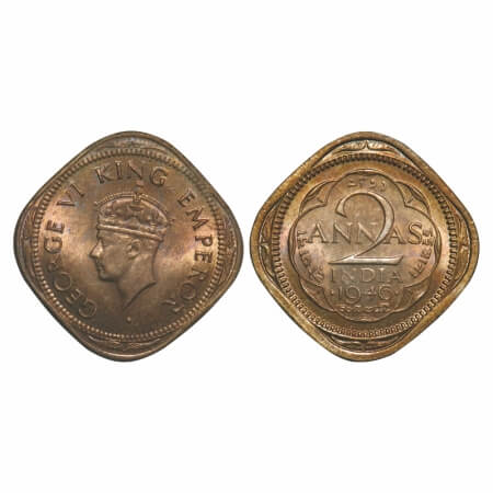 George VI, Copper-Nickel, 2 Annas, 1946, Bombay Mint, Dots by year, Head Type II, Large do