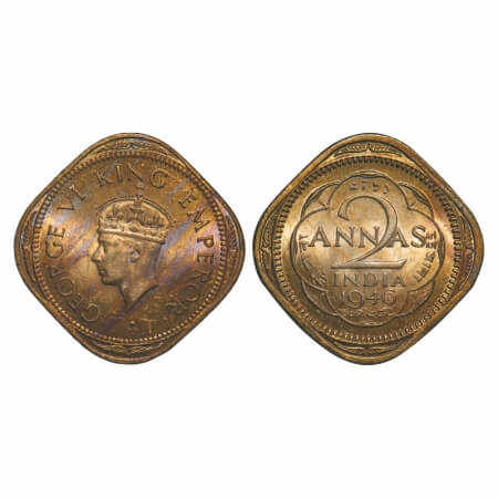 George VI, Copper-Nickel, 2 Annas, 1946, Calcutta Mint, No dots by year, Head Type II, Nor