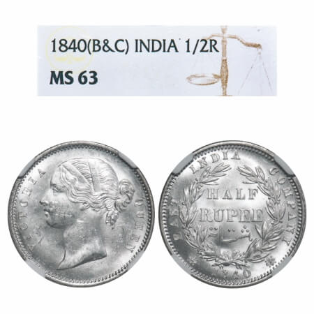 Victoria Queen, Silver, Half Rupee, 1840, DL, Calcutta Mint, W.W. incused, Wreath with 24 