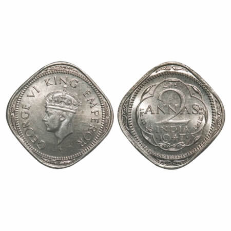 George VI, Copper-Nickel, 2 Annas, 1947, Bombay Mint, Dots by year, Small dots by year, He