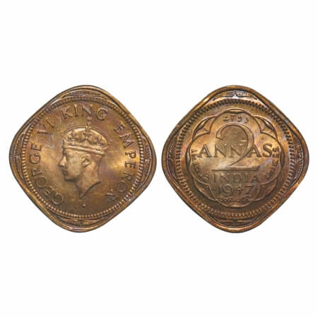 George VI, Copper-Nickel, 2 Annas, 1947, Bombay Mint, Dots by year, Head Type II, Small do
