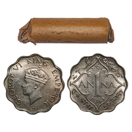 George VI, Copper-Nickel, 1 Anna, 1941, (Roll of 40 coins), Bombay Mint, Dot, Head Type II
