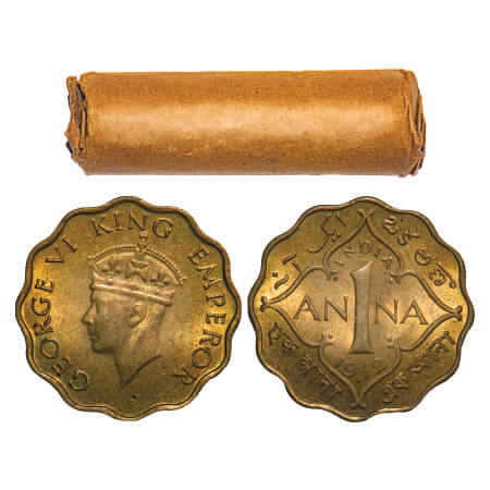 George VI, Nickel-Brass, 1 Anna, (Roll of 40 coins), 1942, Bombay Mint, Dot, Head Type II.