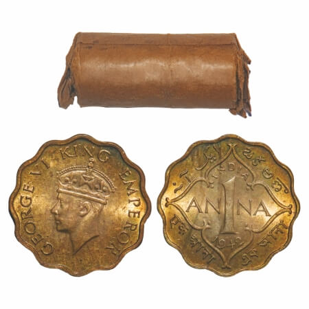 George VI, Nickel-Brass, 1 Anna, (Roll of 40 coins), 1942, Calcutta Mint, No dot, Head Typ