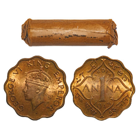 George VI, Nickel-Brass, 1 Anna, (Roll of 40 coins), 1943, Calcutta Mint, No dot, Head Typ