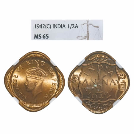 George VI, Nickel-Brass, 1/2 Anna, 1942, Bombay Mint, No dots by India, Dashes by year. F.