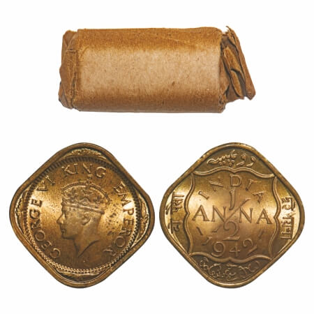 George VI, Nickel-Brass, 1/2 Anna, 1942, (Roll of 24 coins), Bombay Mint, No dots by India