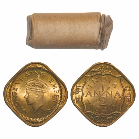 George VI, Nickel-Brass, 1/2 Anna, 1943, (Roll of 24 coins), Calcutta Mint, Dots by India,