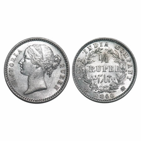 Victoria Queen, Silver, 1/4 Rupee, 1840, DL, Calcutta Mint, W.W. raised, Wreath with 10 Be