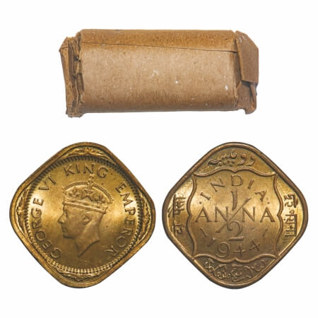George VI, Nickel-Brass, 1/2 Anna, 1944, (Roll of 24 coins), Calcutta Mint, Dots by India,