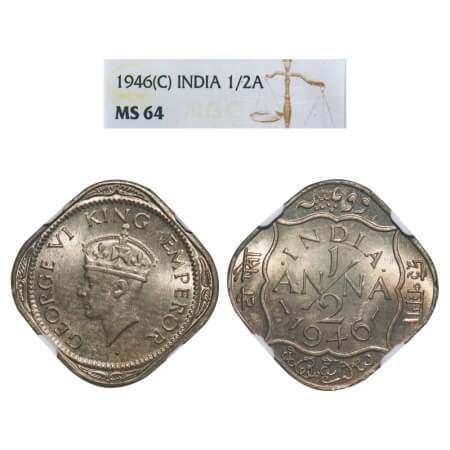George VI, Copper-Nickel, 1/2 Anna, 1946, Calcutta Mint, Dots by India, Dashes by year. F.