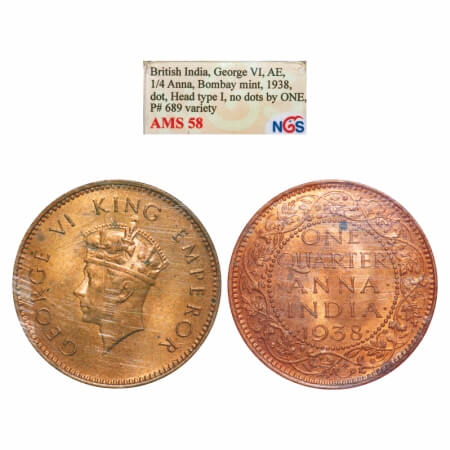 George VI, Bronze, Quarter Anna, 1938, Bombay Mint, Dot, Head Type I, Dots by 1, Small yea