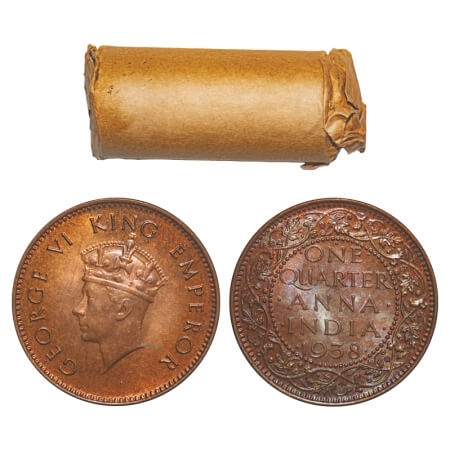 George VI, Bronze, Quarter Anna, (Roll of 32 coins), 1938, Bombay Mint, Dot, Head Type I, 