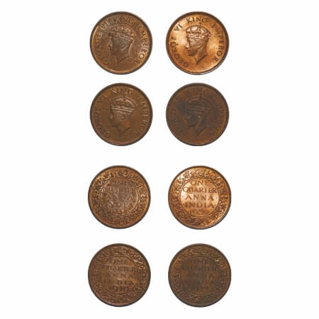 George VI, Bronze, Quarter Anna, (4 coins), 1, 2 & 3) 1938, 1939, 1940, Bombay Mint, Dot, 