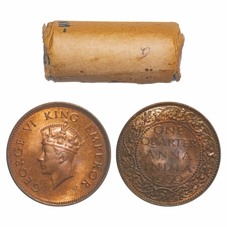George VI, Bronze, Quarter Anna, (Roll of 32 coins), 1939, Bombay Mint, Dot, Head Type I. 