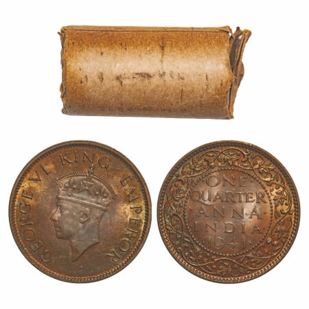 George VI, Bronze, Quarter Anna, (Roll of 32 coins), 1941, Calcutta Mint, No dot, Head Typ
