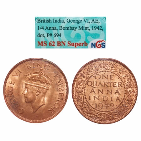 George VI, Bronze, Quarter Anna, 1942, Bombay Mint, Dot, Head Type II. F. Prid 694. GK 143